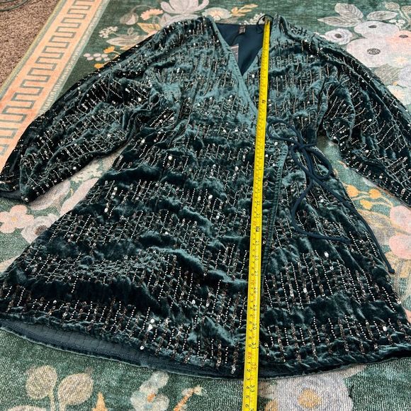 ZARA Trf Collection Velvet Beaded Wrap Mini Dress Turquoise Blue Party Formal S - Picture 8 of 13